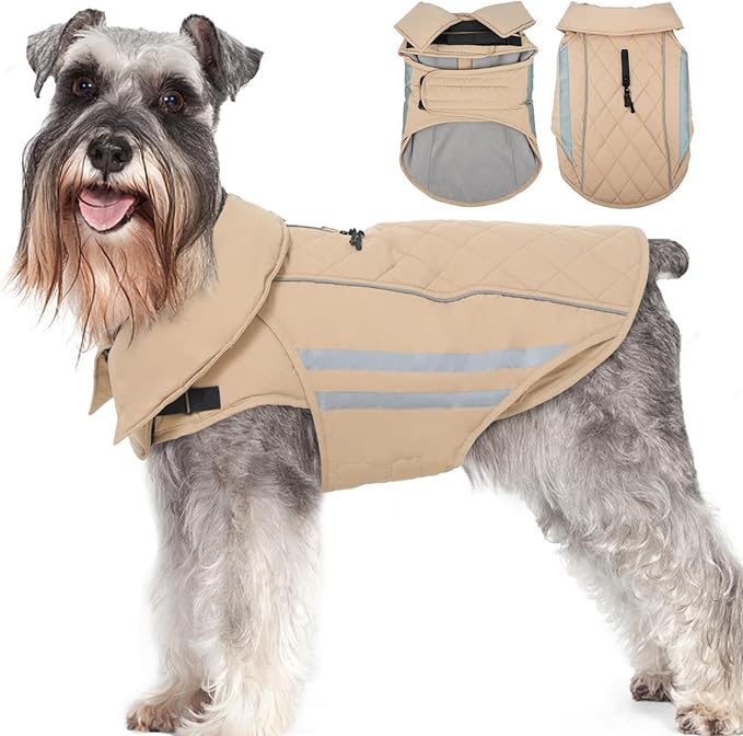 Large Dog Jacket Waterproof Warm Dog Winter Coats with Harness Hole Turtleneck Reflective Snowsuit Adjustable Fleece Coat for Dogs French Bulldog, Khaki L
