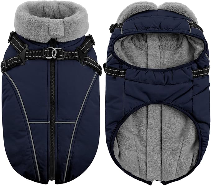 Queenmore Dog Coat,Windproof Dog Coat for Medium Dogs,Dogs Jackets with Harness Built in,Waterproof Doggy Coats with Zipper On Back,Reflective Cold Weather Coats for Dachshund,NavyBlue,M