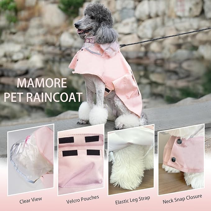 Dog Raincoat Waterproof, Adjustable Reflective Hooded Dog Rain Poncho with Leash Hole for Small Medium Large Dogs (Pink, Large)