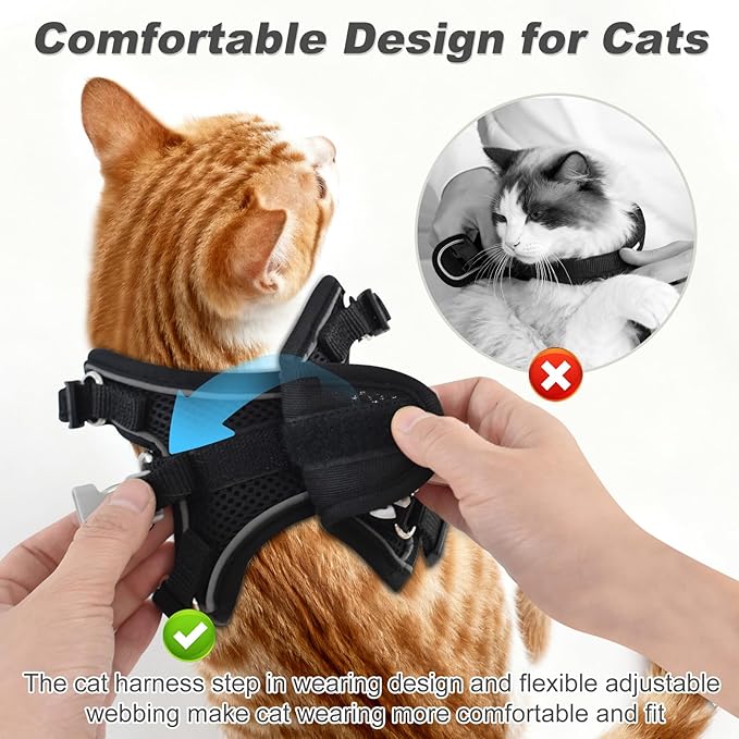 Kitten Cat Harness and Leash Set, Escape Proof Soft 4-Adjustable Cat Walking Vest Harness, Reflective Strips in Harness for Kitty Puppy Bunny Car Travel, with Car Seatbelt Leash (Black, M)