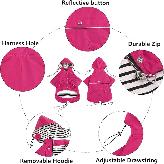 Morezi Dog Zip Up Raincoat with Reflective Buttons, Rain/Water Resistant, Adjustable Drawstring, Removable Hood, Raincoats with Legs 8lbs to 80lbs Available - Pink - M