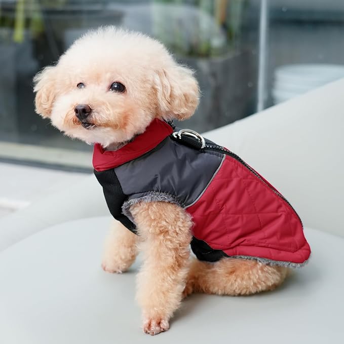 Warm Fleece Dog Coats for Large Dogs,D-Rings Waterproof Puppy Jacket for Cold Winter,Red XXL