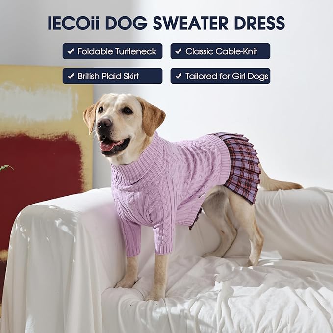 IECOii Girl Dog Sweater Dress - Cable Knit Dog Sweater for Small Dogs Girl - Purple,Medium, Turtleneck Pullover Sweaters with Tartan Plaid Skirt, Adorable Warm Dog Knitted Dress for Christmas