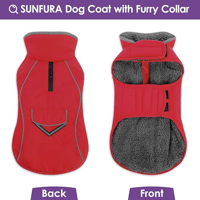 SUNFURA Dog Coat, XXXL Dog Winter Jacket, Reflective Fleece Snow Coat with Furry Collar, Waterproof Pet Puffer Jacket for Great Dane Extra Large Dogs, Red 3XL