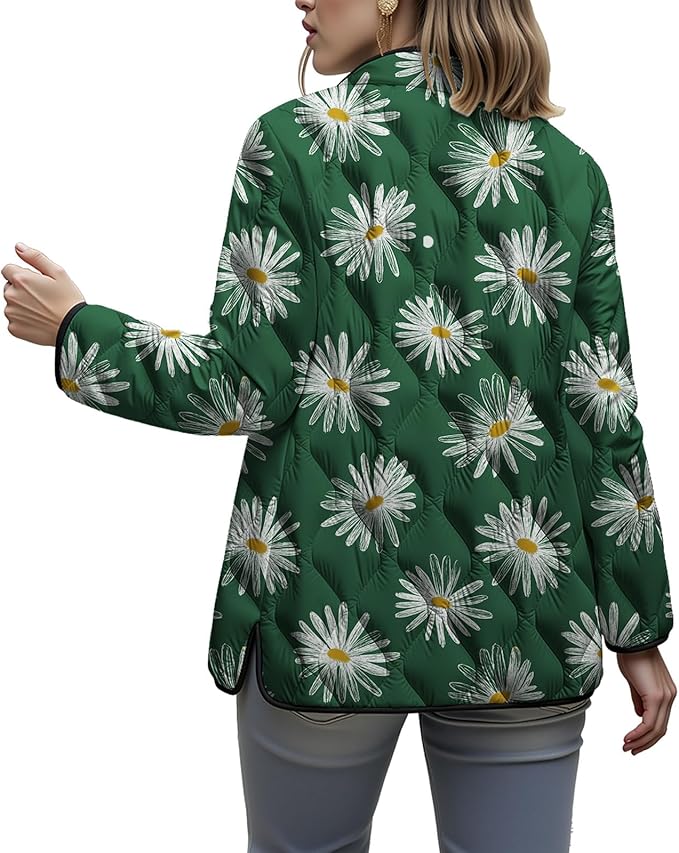 LIZALIG Women's Cropped Puffer Jacket Lightweight Floral Print Long Sleeve Padded Quilted Puffy Cardigan Coat