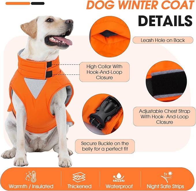 Medium Dog Coat, Warm Dog Winter Jacket, Waterproof Dogs Snowsuit With Foldable High Collar, Reflective Strips, Leash Hole, And Adjustable Hook & Loop Closure - Ideal For Cold Weather- Orange M