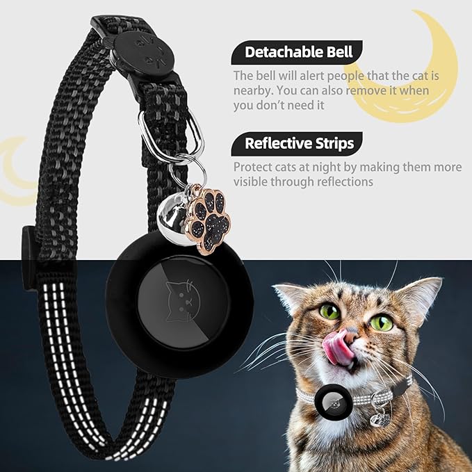PUPTECK Airtag Cat Collar Breakaway 2 Pack with Bells, Reflective Kitten Collar with Air Tag Holder for Boy Girl Kitty and Puppies, Soft, Black