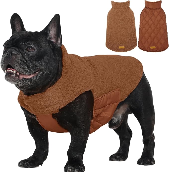 Kuoser Reversible Dog Coat – Warm Fleece & Quilted Waterproof Dog Jacket, Double-Sided Cold Weather Dogs Winter Coat with Harness Hole, Windproof Pet Snow Vest for Small Medium Large Dogs, Brown XS