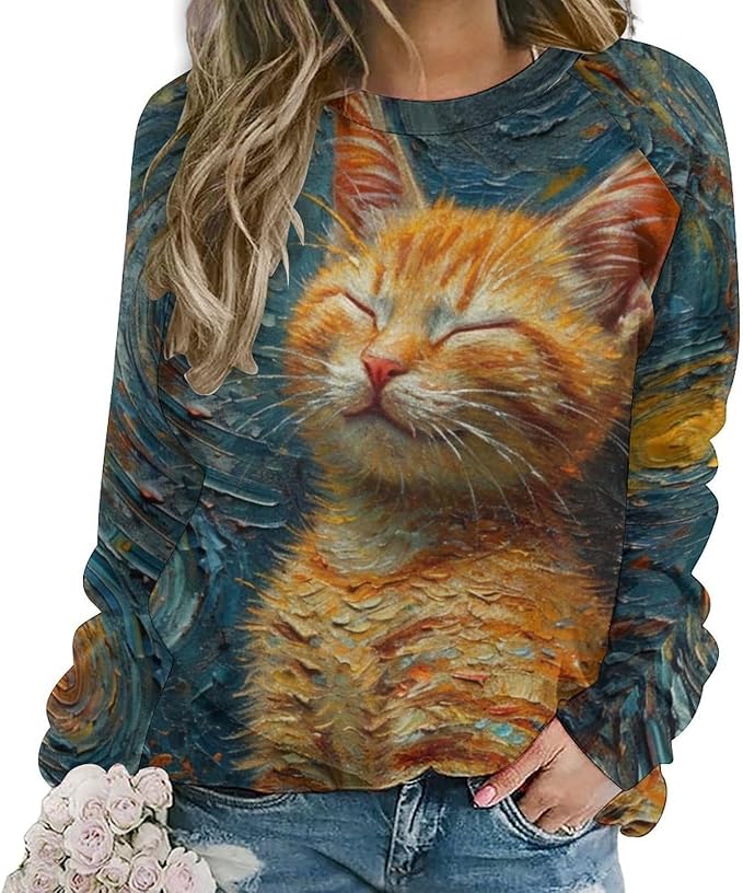 Long Sleeve Shirts for Women Cat Oil Painting Shirt 3D Graphic Sweatshirts Fall Pullover Crewneck Vintage Boho Tops