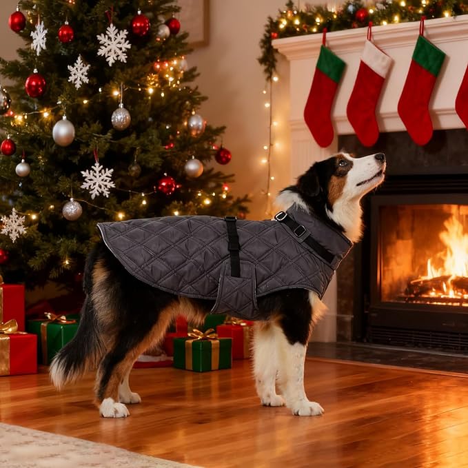 Kuoser Dog Coat Warm Fleece Lining Turtleneck Dog Jacket with Harness Built-in, Adjustable Windproof Cold Weather Coats with Quick Release Buckle Pet Winter Snowsuit for Large Dogs, Grey XL