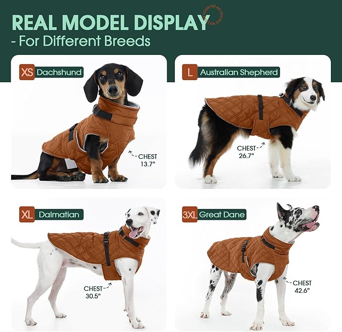 Kuoser Dog Coat Warm Fleece Lining Turtleneck Dog Jacket with Harness Built-in, Adjustable Windproof Cold Weather Coats with Quick Release Buckle Pet Winter Snowsuit for Extra Small Dogs, Khaki XS