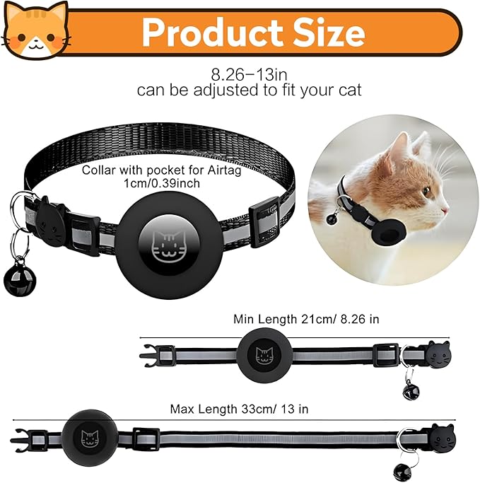 Airtag Cat Collar with Bell, Reflective Nylon Kitten Collar with Apple Air Tag Holder and Breakaway Safety Buckle for Puppy Girl Boy Cats, 3/8" in Width and Lightweight, Green