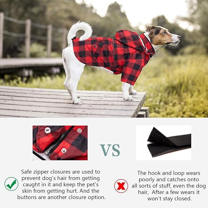 Dog rain Coat Waterproof Raincoat Puppy Jacket with Legs Buttons Zipper Hood Drawstring Fit for Yorkie Terrier Schnauzer Poodle Border Collie Labrador Golden Retriever 8lbs to 80lbs Red M
