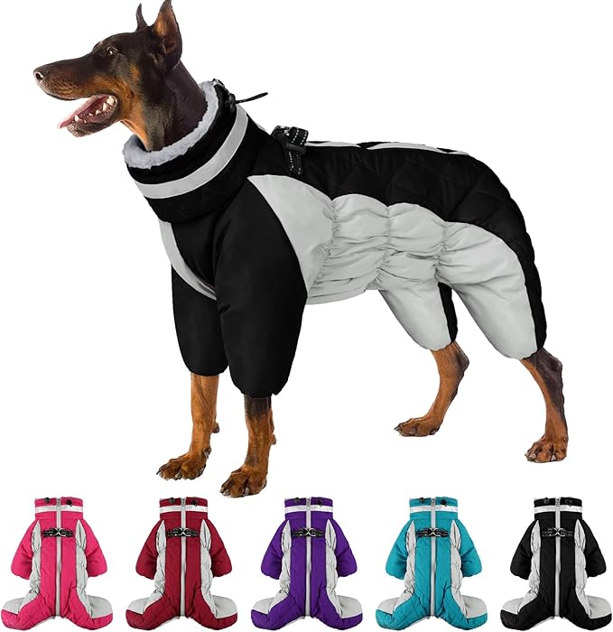 SUNFURA Full Body Dog Coat - Warm Fleece Jacket for Medium Dogs, Turtleneck Winter Coats with Harness, Reflective Dog Snowsuit Windproof Puffer Jackets with Legs for Boston Terrier, Black M