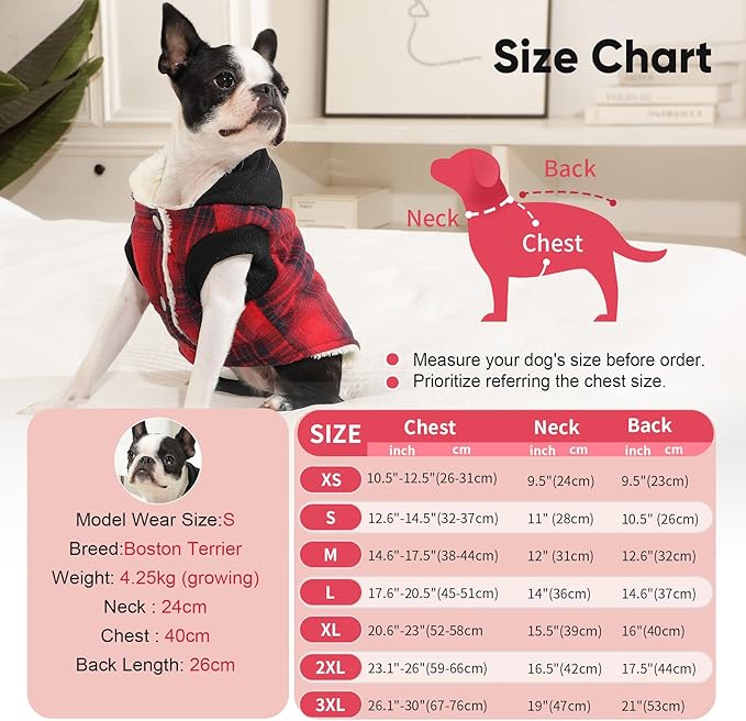 Fleece Lining Dog Hoodie for Large Dogs Extra Warm Plaid Sweater with Drawstring Hooded Coats in Winter Doggie Jacket,Red XXXL