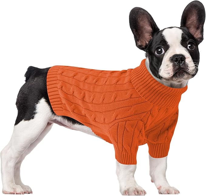 Small Dog Thermal Pullover Sweater, Classic Turtleneck Cable Knitwear Dog Clothes for Cold Weather Warm Pet Clothes for Chihuahua, Bulldog, Dachshund, Pug Orange Large