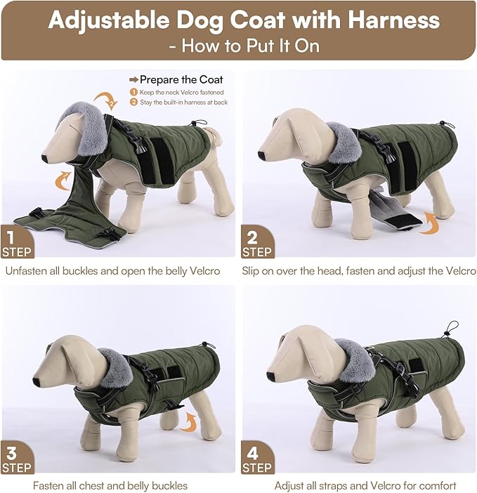 Queenmore Winter Dog Jackets for Large Dogs XXL, Waterproof Winter Coat for Extra Large Pitbull/Great Danes, Warm Puffer Snow Jacket for Cold Weather - Fleece Lining Velcro Closure Reflective, Green