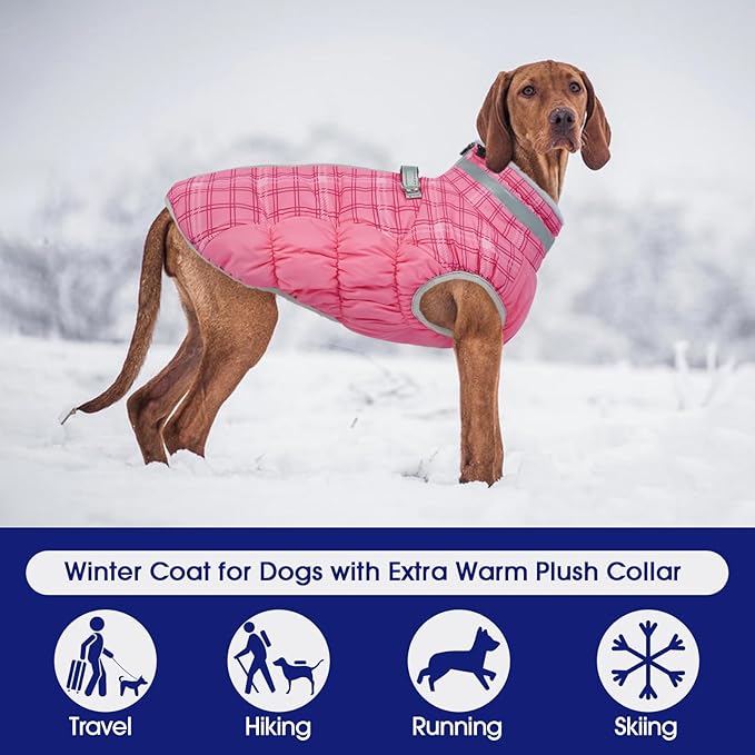 FUAMEY Dog Coat for Medium Dogs,Waterproof Dog Winter Jacket with Harness Built in Puppy Cold Weather Coats Reflective Pet Vest with Zipper Warm Fleece Dogs Snowsuit Windproof Rose Plaid M