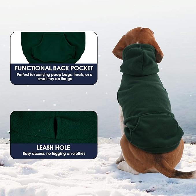 IECOii XXL Dog Hoodie for Large Dogs, Fleece Dog Sweatshirt for Large Breed Male Female Dogs,Pet Pouch Hoodie Winter Sweater Coat with Leash Hole, Warm & Lightweight Outfit for Pitbull, Green, 2XL