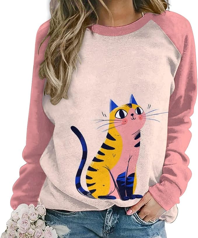 Abstract Cute Cat Shirts for Women Long Sleeve Lady Crewneck Pullover Sweatshirt Fall Winter Oversized Tops