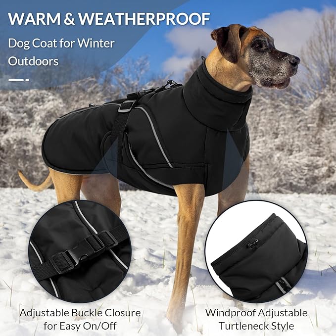 Queenmore Winter Dog Coat Warm Dog Jacket Vest Waterproof Puffer Fleece Snowsuit Adjustable Buckle Leash Hole Reflective Cold Weather Parka for Small Medium Large Dogs Girl Boy Black XL