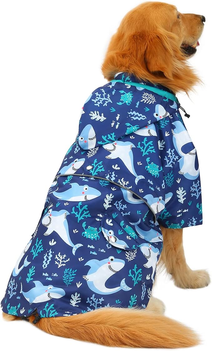 HDE Dog Raincoat Poncho Double Layer Zip Rain Jacket with Removable Hood, Leash Hole for Small to 3XL Dogs and Puppies Sharks - 3XL