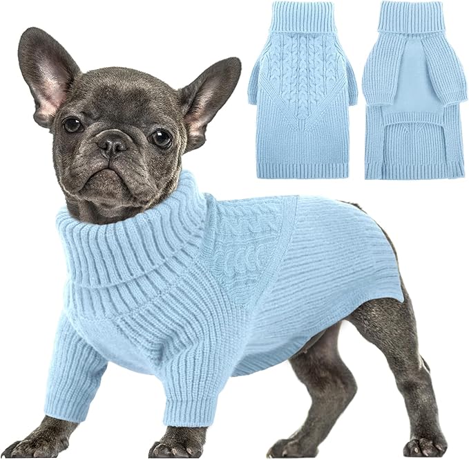 Queenmore Puppy Sweater - Warm Winter Dog Sweater for Small/Medium Dogs, Long Sleeves Turtleneck, Blue, XS