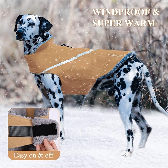 VIVAGLORY Snowrap Dog Coat, Jacket with Harness Hole & Velcro Closure, Dog Coat for Winter & Cold Weather, Fluffy Warm Fleece Lined Reflective Water Resistant for Puppy, L, Khaki