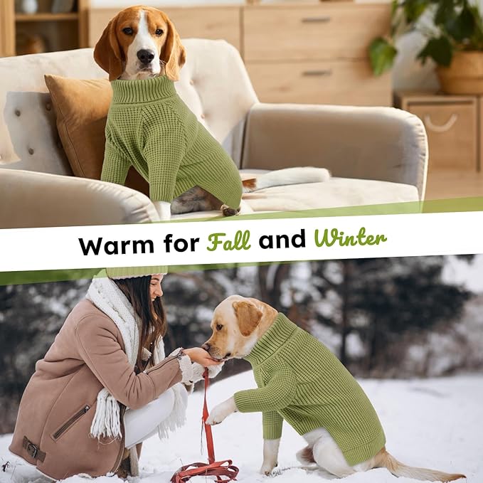 Queenmore Turtleneck Long Sleeve Knitted Sweater with Check Pattern, Fall Winter Warm Sweaters for Small to Large Dogs and Cats, Green