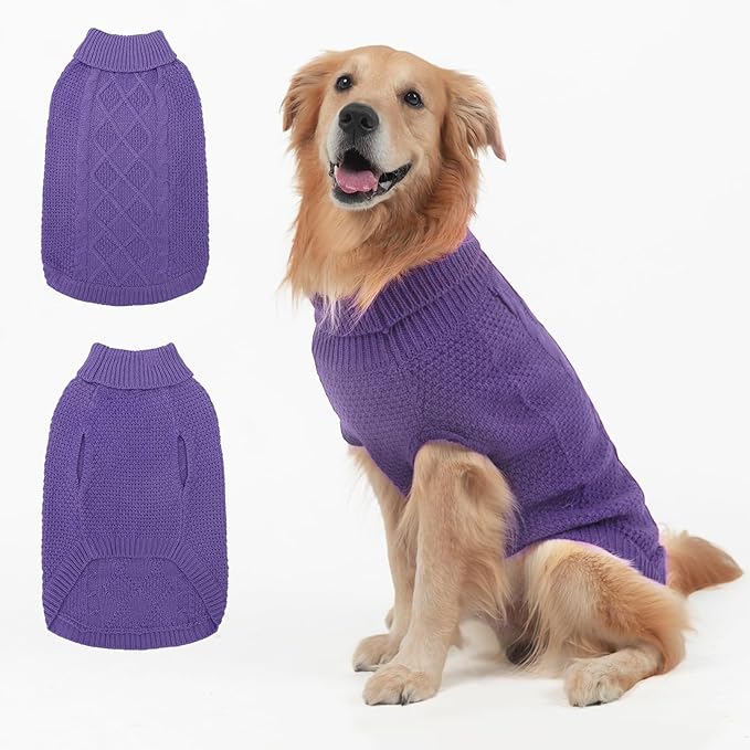 Mihachi Turtleneck Dog Sweater - Winter Coat Apparel Classic Cable Knit Clothes with Leash Hole for Cold Weather, Ideal Gift for Pet in New Year Light Purple L