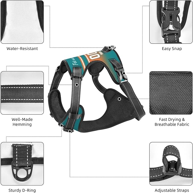 Custom Miami Dog Harness with Reflective Stripes Personalized Name and Number Dog Vest Harness with Pet Traction Rope for Small Medium Large Dog