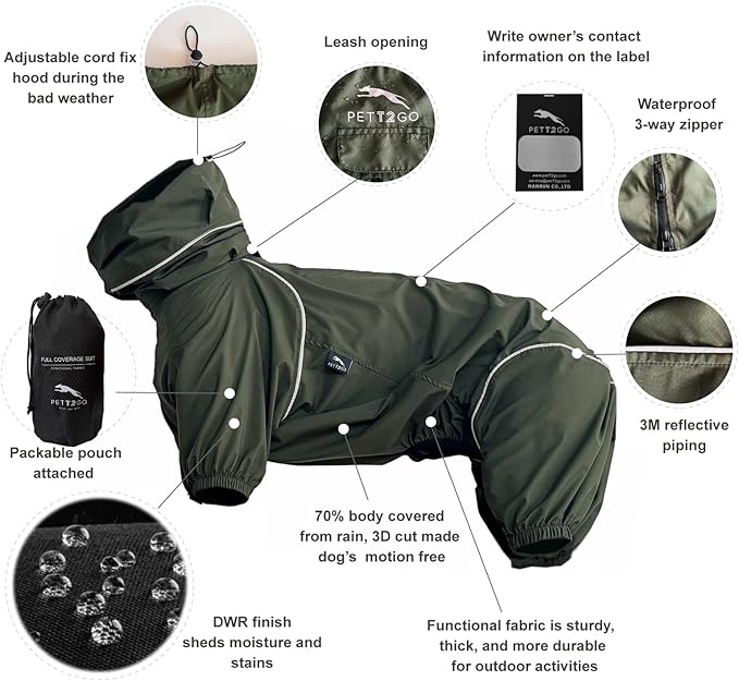 Dog Lightweight Windbreaker, Dog Outdoor 4-Legs Jacket, 0.5 lbs,Durable Water Repellent, Hooded, Easy on/Off with Collar and Harness, Reflective, Packable,Dark Olive (Large)
