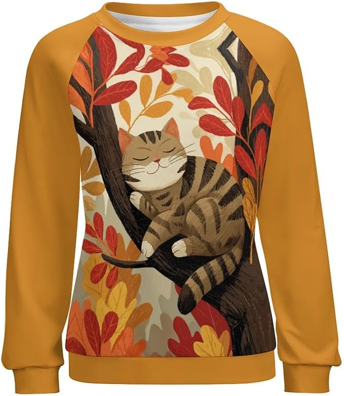 Abstract Cute Cat Shirts for Women Long Sleeve Lady Crewneck Pullover Sweatshirt Fall Winter Oversized Tops