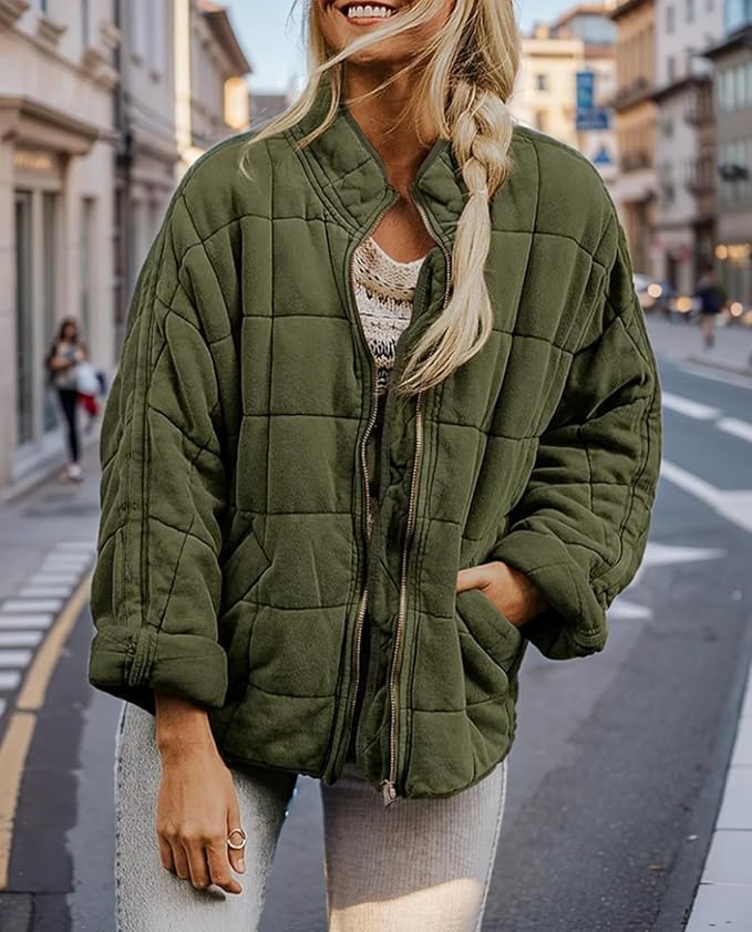LIZALIG Warm Padded Coat for Women Full Zip Quilted Jackets Winter Oversized Causal Solid Color Stand Collar Pockets Coat