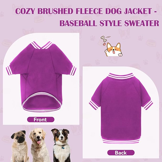 Dog Sweater Brushed Fleece Pet Clothes Baseball Jacket Soft Warm Pet Sweater Dog Sweaters for Small/Medium Dogs Boy Girl(Purple-S/M)