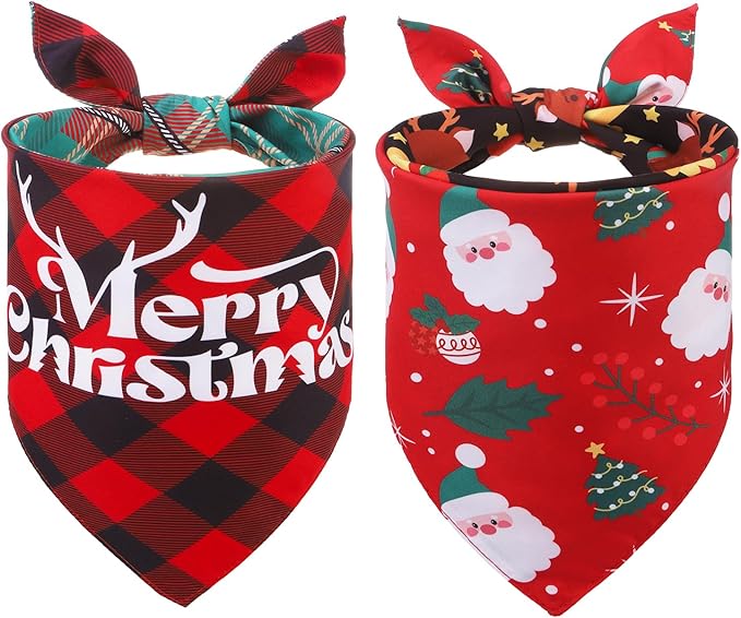 SCENEREAL Christmas Dog Bandanas 2 Pack, Puppy Xmas Santa Claus Elk Triangle Bibs Handkerchief, Reversible Holiday Dog Bandana for Boy and Girl, Premium Pet Scarf for Small Medium Large Dogs L