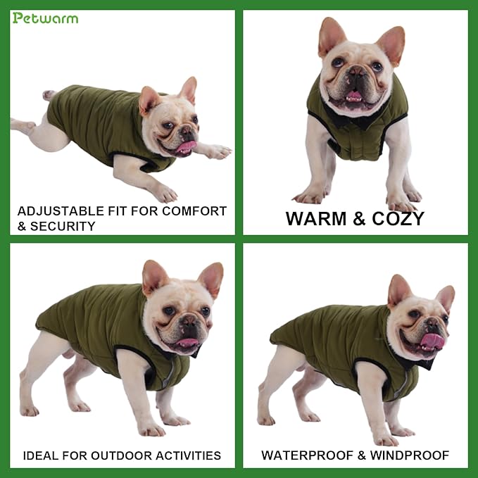 PetWarm Reversible Dog Winter Coat, Windproof Dog Puffer Vest, Soft Vest for Dogs with Hook-and-Loop Strap for Easy Dressing, Waterproof Coat for Dogs with Adjustable Fit, Green, M