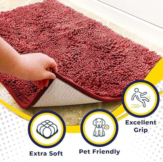Muddy Mat® Shown on TV – Super Absorbent Door Mat Indoor, Microfiber Quick Dry Chenille Entryway Rug, Non-Slip Front Door Mat, Indoor Mats for Entryway, Machine Washable Pet Rug, Red 36"x72"