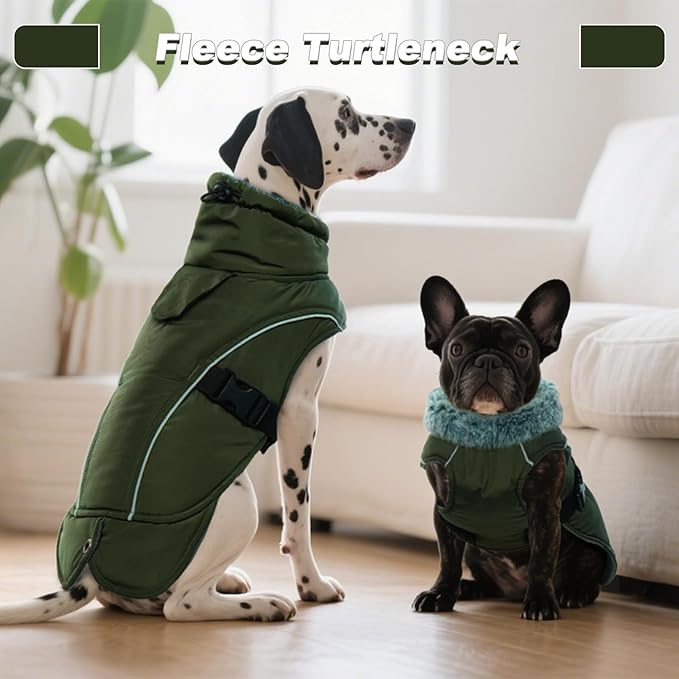 DENTRUN Medium Dog Winter Jacket - Warm Reflective Windproof Coat, Adjustable Neck & Snap Closure, Water Repellent Thick Fleece Vest, Fleece Lined for Beagle Pug, Army Green, M