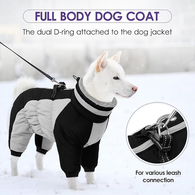 SUNFURA Full Body Dog Coat - Warm Fleece Jacket for Large Dogs, Turtleneck Winter Coats with Harness, Reflective Dog Snowsuit Windproof Puffer Jackets with Legs for French Bulldog, Black L