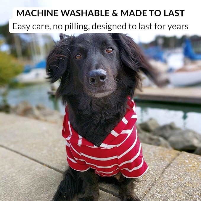 DJANGO Dog Hoodie – Warm, Lightweight, Soft & Stretchy Dog Sweater with Hood, Harness Hole & Elastic Waistband – Cozy Sweatshirt for Small Dogs up to 25 lbs, Dachshunds & Puppies – Crimson Red, XS