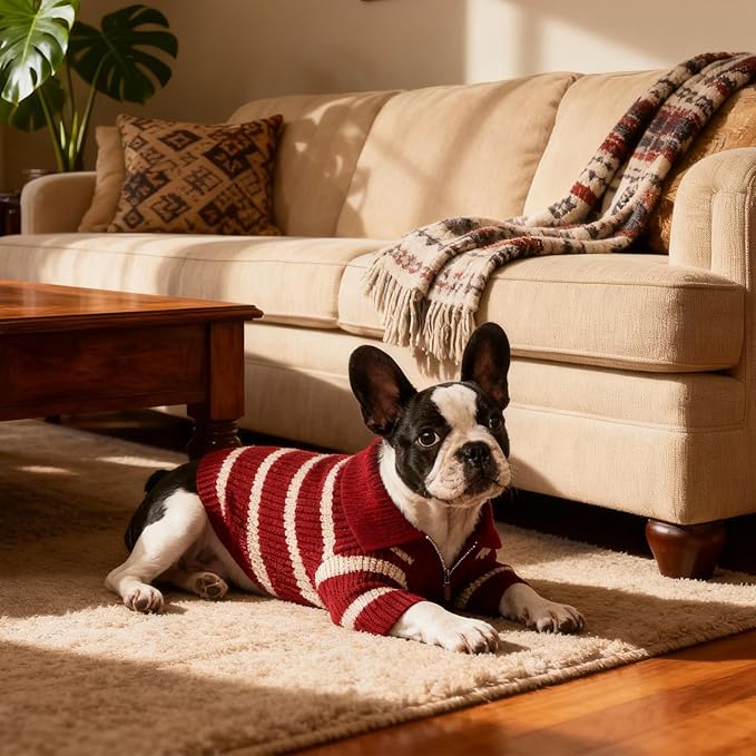 Small Dog Sweater with Zipper, Knitted Striped Pullover Dog Clothes for Cold Weather, Thick Warm Cozy Stretchy Sweater for Chihuahua, Bulldog, Dachshund, Pug(Red & White Strip, M)