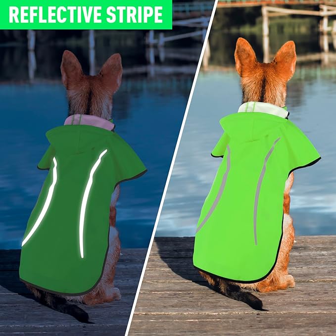 Dog Raincoat with Removable Hoodie, Rain Coats Waterproof Windproof Snowproof, Rain Jacket with Reflective Strip/Adjustable Drawstring/Leash Hole for Dog Walking (Green, Small)