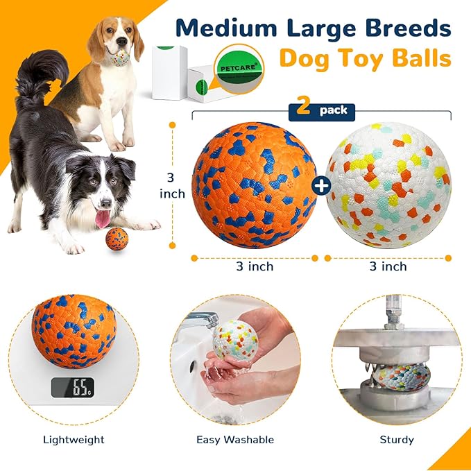 Petcare 2 Pack Dog Balls Toys for Aggressive Chewers Indestructible Tennis Balls for Medium Large Dogs Water Toy Chew Ball Tough Durable Big Dog Toys Bouncing Ball for Dogs to Fetch, Orange+White