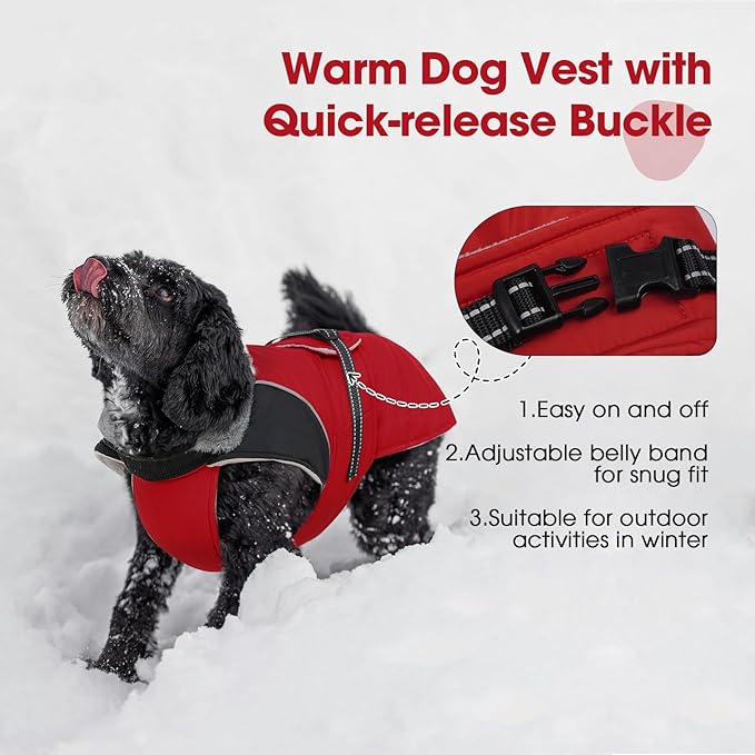 Nanaki Warm Fleece Lined Furry Collar Winter Coats Jackets Vests for Dogs, Waterproof Reflective Dog Snowsuit with Leash Hole Outdoor Walking Hunting, Easy On Pullover Medium Dog Puppy Coat Red XL