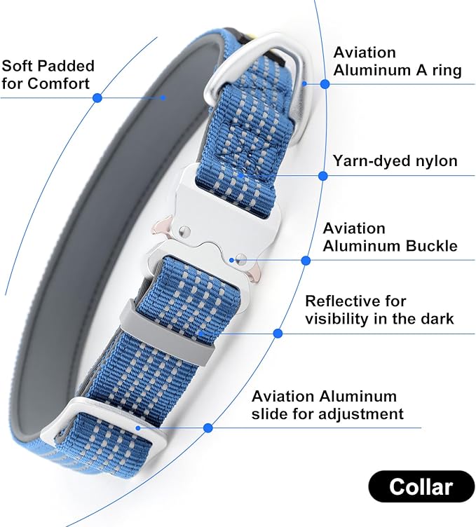 Plutus Pet Reflective Dog Collar with Aviation Aluminum Buckle, Neoprene Padded for Comfort, Lightweight, Heavy Duty Nylon Collar for Puppy Small Medium Large Dogs (Blue, XL)