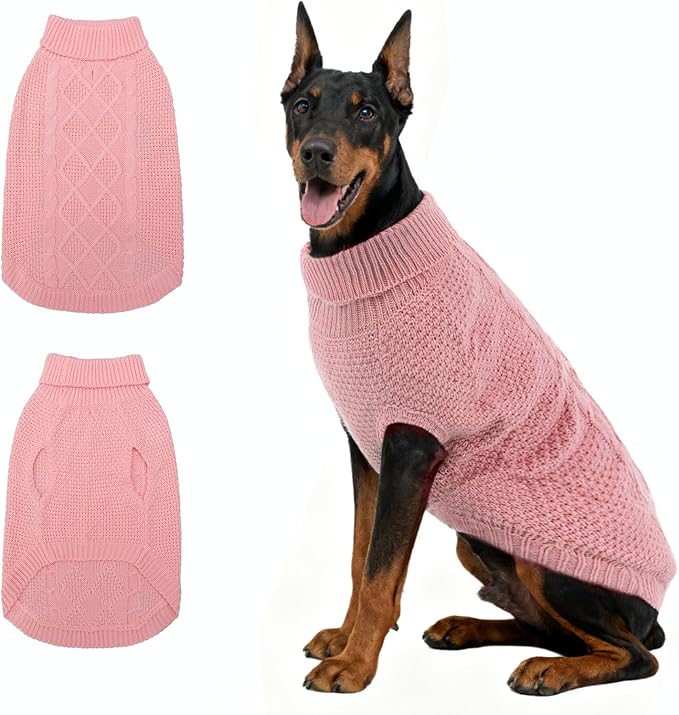 Mihachi Turtleneck Dog Sweater - Winter Coat Apparel Classic Cable Knit Clothes with Leash Hole for Cold Weather, Ideal Gift for Pet in New Year Pink 3XL