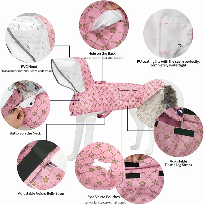 Waterproof Dog Raincoat, Adjustable Reflective Lightweight Pet Rain Clothes with Poncho Hood (Gold Cheery Blossoms Pink, XX-Large)