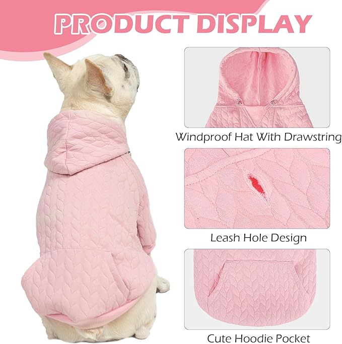 EXPAWLORER Textured Cable Knit Basic Dog Hoodie, Elevated Style Dog Sweater with Leash Hole and Pocket, Soft and Warm Pet Winter Coat, Cold Weather Clothes for Small Medium Large Dogs Cats,Pink XL