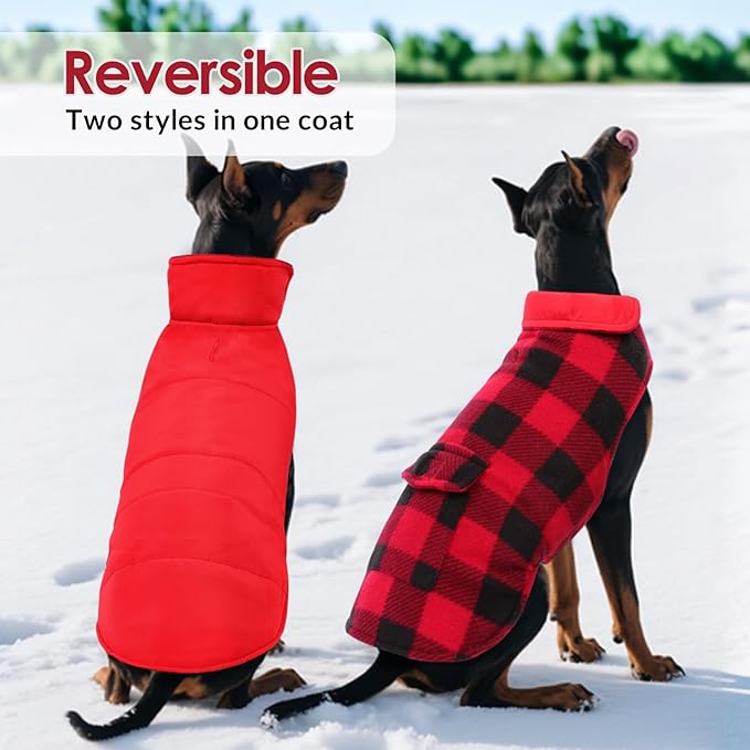 ASENKU Dog Winter Coat, Fleece Doggie Jacket Plaid Reversible Vest Waterproof Windproof Cold Weather Clothes for Small Medium Large Dogs(Red XXXL)